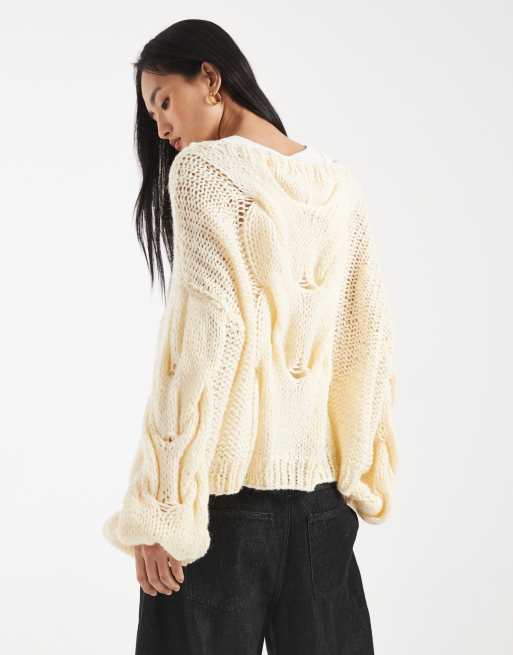 Kiwi & Co - Daydream - Pull ample en maille torsadée de laine effet mohair mélangés tricoté à la main - Crème, 4 de 4