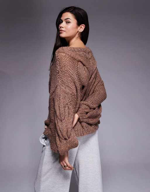 Kiwi & Co - Daydream - Pull oversize ample en maille torsadée tricoté à la main à manches ballon - Moka, 3 de 4