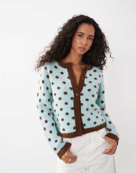 Kiwi & Co Dotty wool feel contrast trim cardigan in blue & chocolate polka dot - view 1