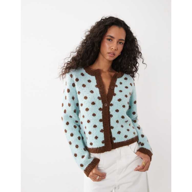 Kiwi & Co Dotty wool feel contrast trim cardigan in blue