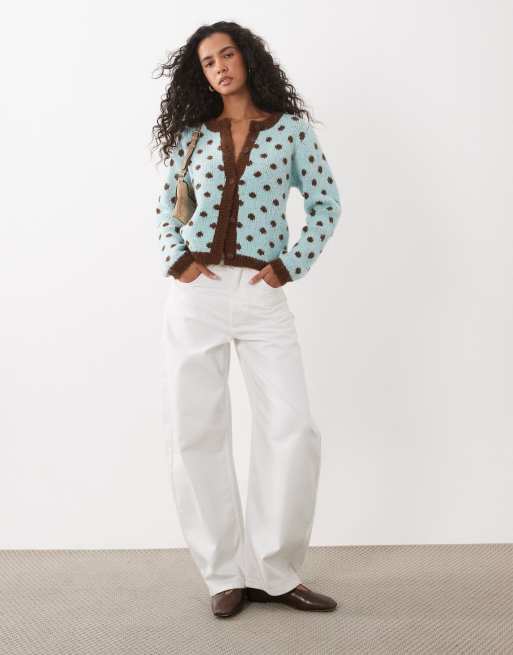 Kiwi & Co Dotty wool feel contrast trim cardigan in blue & chocolate polka dot, 2 of 4