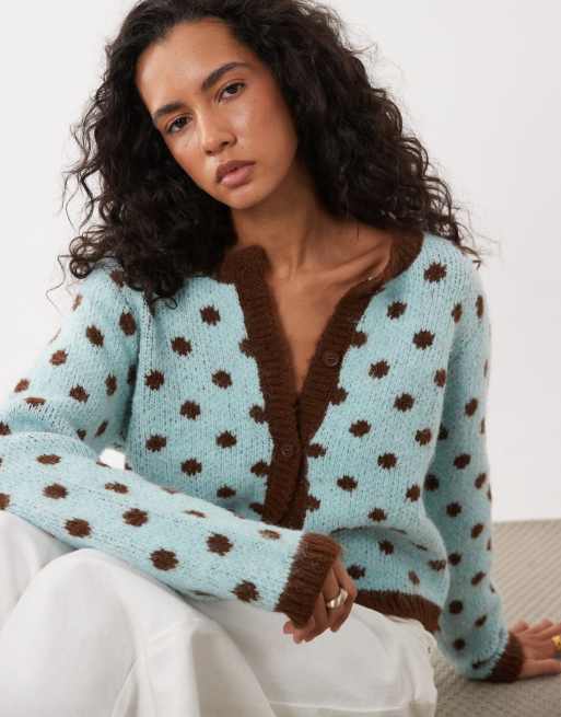 Kiwi & Co Dotty wool feel contrast trim cardigan in blue & chocolate polka dot, 3 of 4