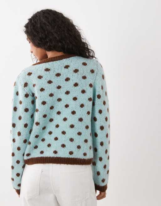 Kiwi & Co Dotty wool feel contrast trim cardigan in blue & chocolate polka dot, 4 of 4