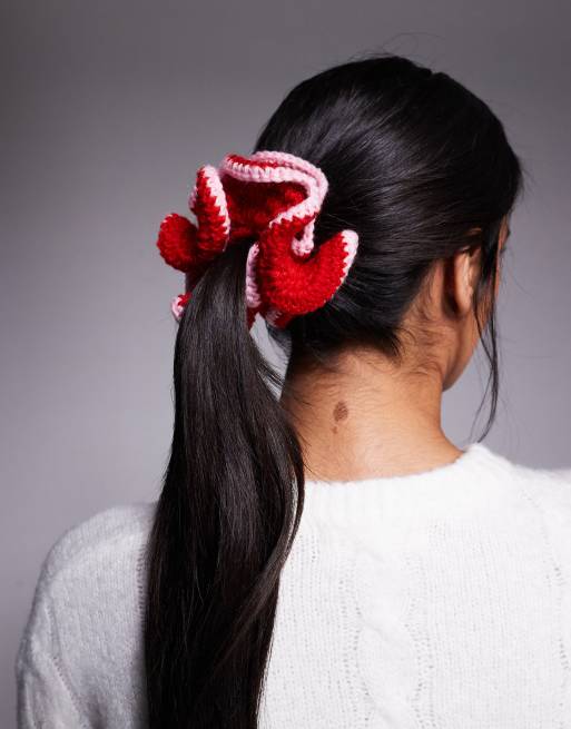 Kiwi & Co. - Elastico per capelli oversize rosso con finiture rosa in maglia lavorata a mano, 3 di 3