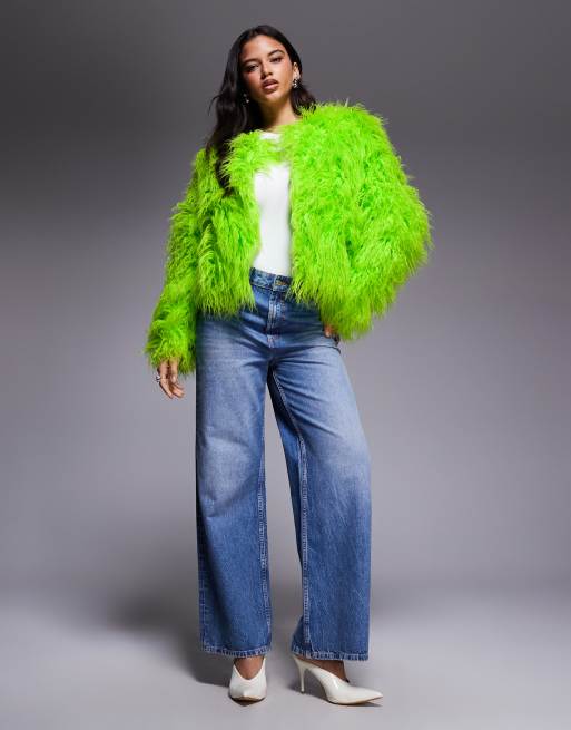 Kiwi & Co Esme faux mongolian fur jacket in lime green | ASOS