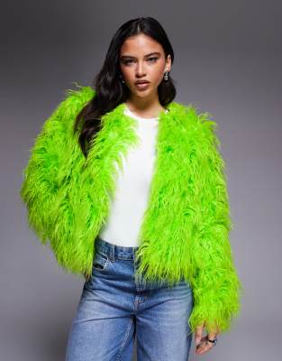 Kiwi & Co Esme mongolian faux fur jacket in lime green | ASOS