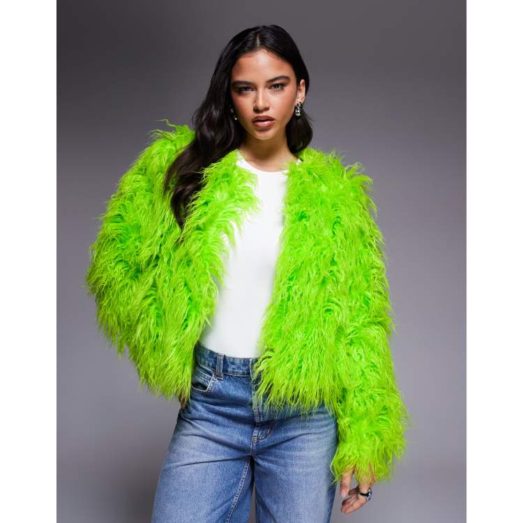 Kiwi & Co Esme mongolian faux fur jacket in lime green | ASOS