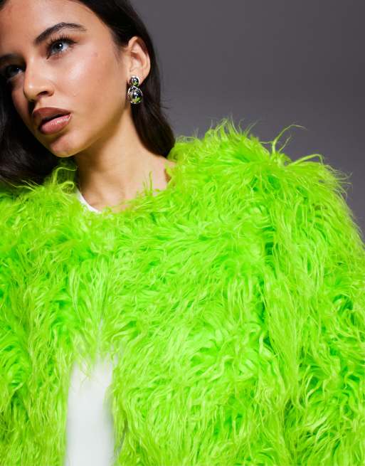 Kiwi & Co Esme mongolian faux fur jacket in lime green | ASOS