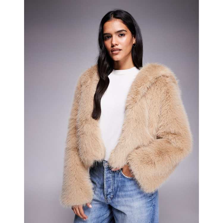 Kiwi & Co Faye faux fur hooded cropped jacket in beige | ASOS