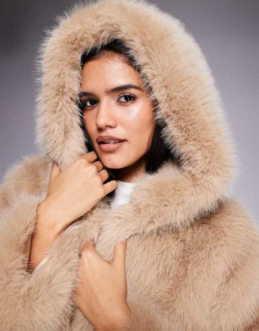 Kiwi & Co Faye faux fur hooded cropped jacket in beige | ASOS