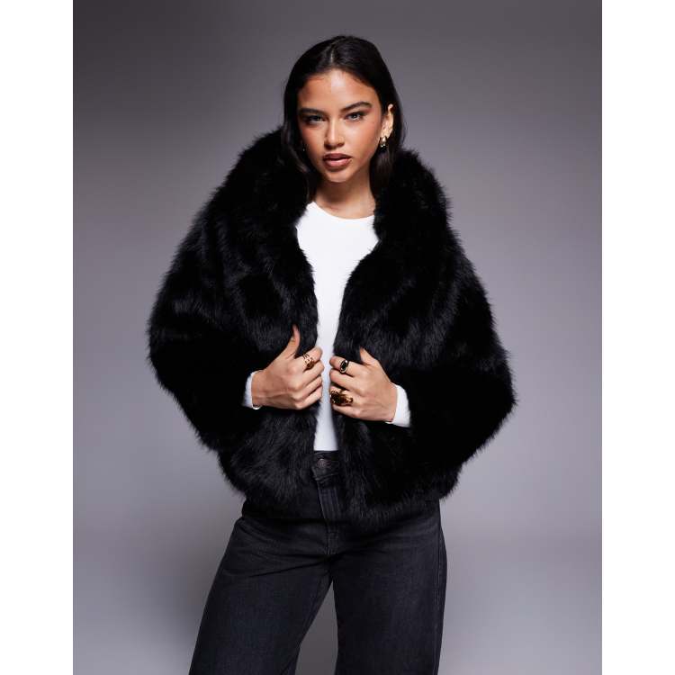 Kiwi & Co Faye faux fur hooded cropped jacket in black | ASOS