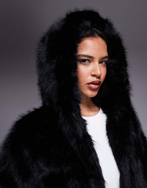Kiwi & Co Faye faux fur hooded cropped jacket in black | ASOS