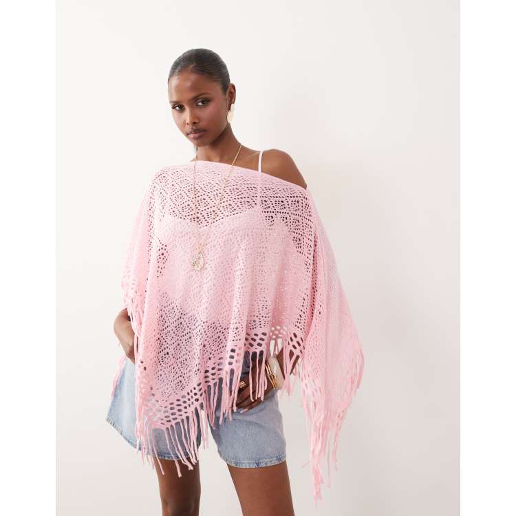 Kiwi & Co fine knit fringe hem poncho top in pink | ASOS