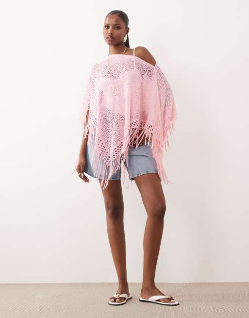 Kiwi & Co fine knit fringe hem poncho top in pink | ASOS
