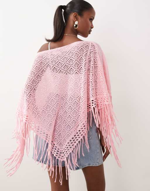Kiwi & Co fine knit fringe hem poncho top in pink | ASOS