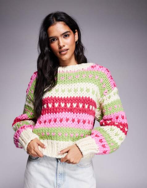 Kiwi & Co Gingerbread contains wool hand knitted heart fairisle knit jumper in pink & lime - view 1