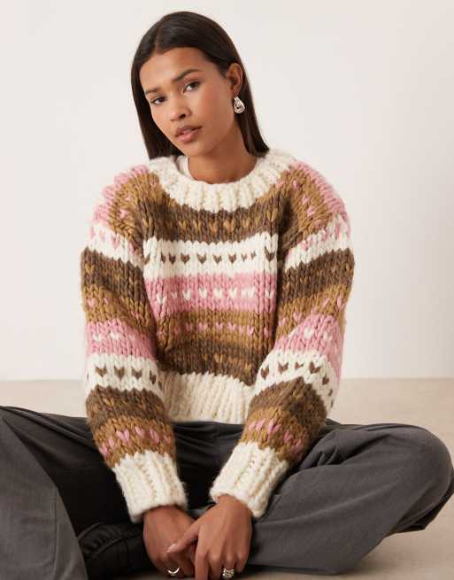 Kiwi & Co Gingerbread contains wool hand knitted heart fairisle knit sweater in neutral multi, 3 of 4