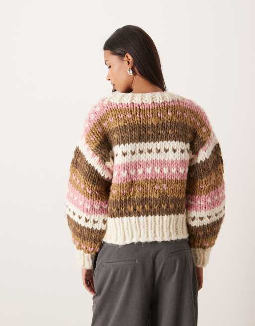 Kiwi & Co Gingerbread contains wool hand knitted heart fairisle knit sweater in neutral multi, 4 of 4