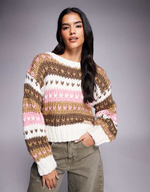 Kiwi & Co Gingerbread hand knitted heart fairisle knit jumper in neutral multi