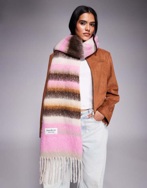 Kiwi & Co Golden Hour brushed oversized tassel scarf in pink & brown stripe