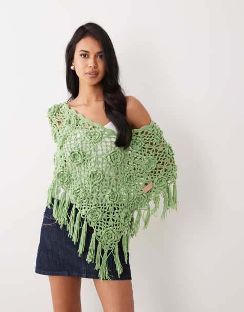 Kiwi & Co hand knit crochet floral detail off the shoulder fringe poncho in green - view 1