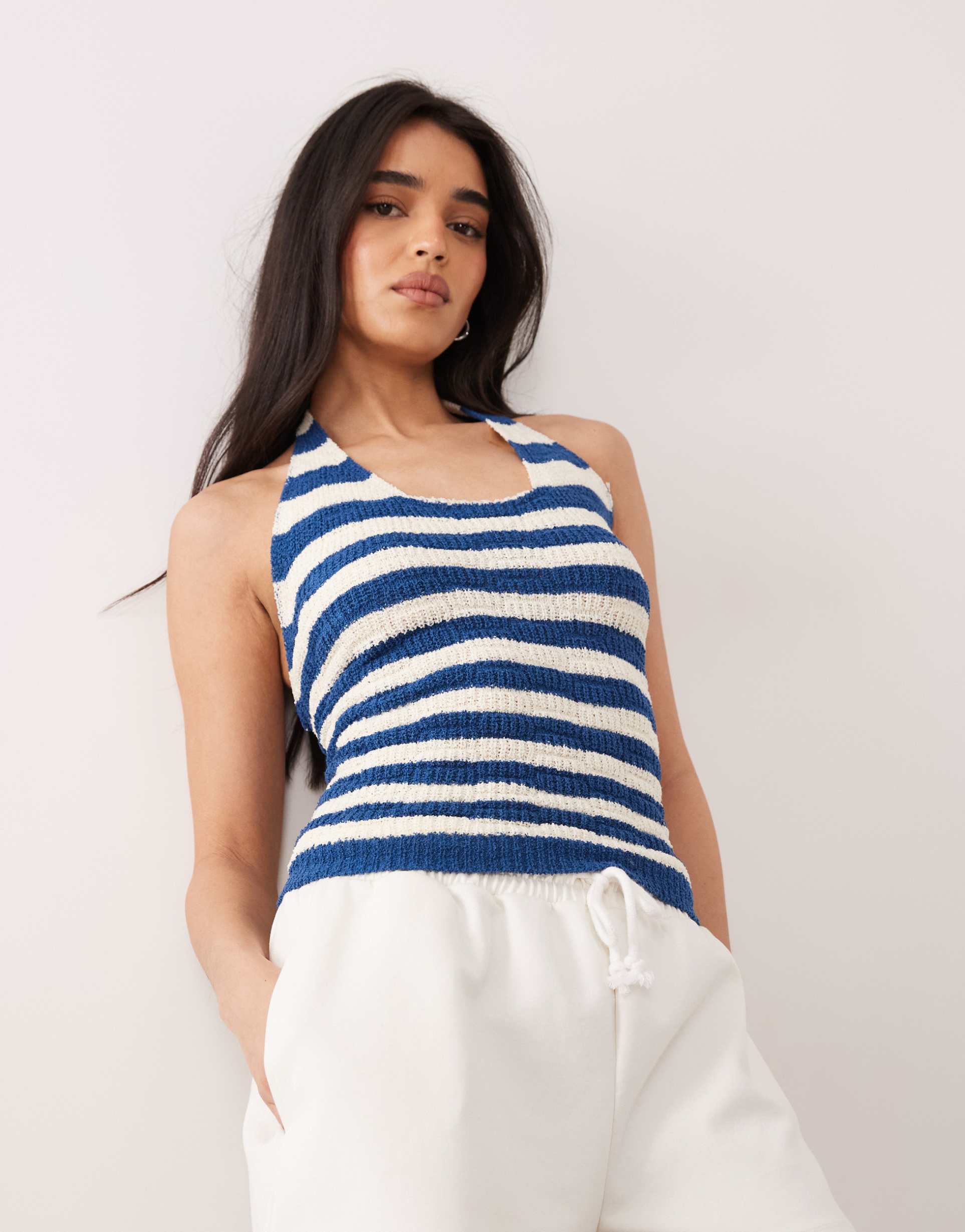 kiwi & co hand knit crochet halterneck open back top in navy & white stripes