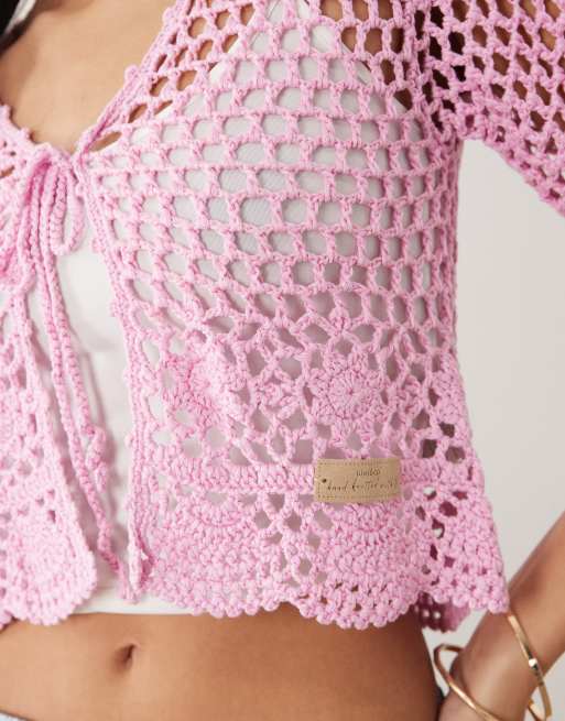 Kiwi & Co hand knit dainty crochet tie front top in pink, 3 of 4