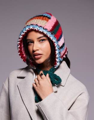 Kiwi & Co Kiwi & Co hand knitted tie front bonnet in multi stripe