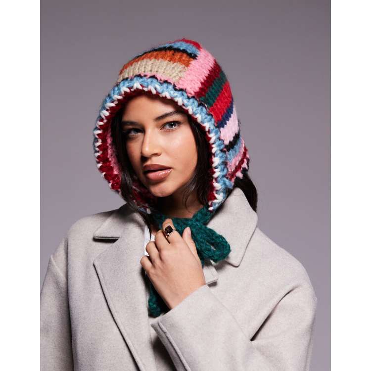 Kiwi & Co hand knitted tie front bonnet in multi stripe | ASOS