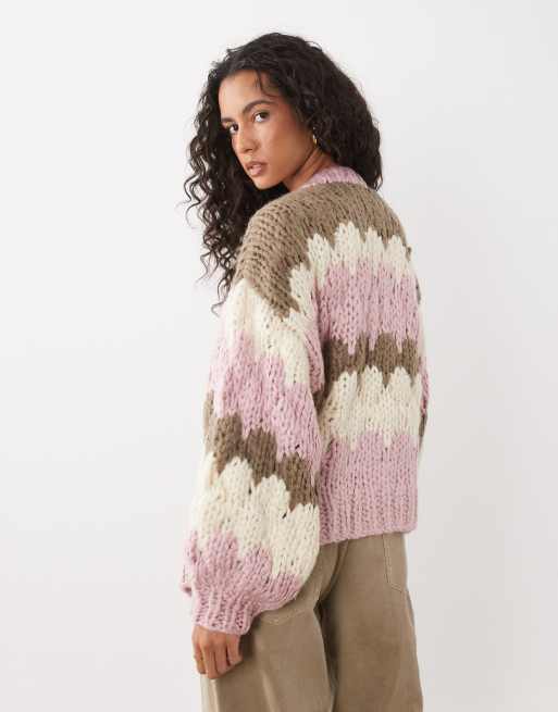 Kiwi & Co handgestrickte Bubble-Strickjacke in Babyrosa und Braun, 4 von 5