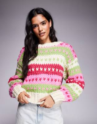 Kiwi & Co - Handgestrickter Pullover mit Wollanteil in Rosa und Limettengrün mit Lebkuchenherz-Norwegermuster-Bunt