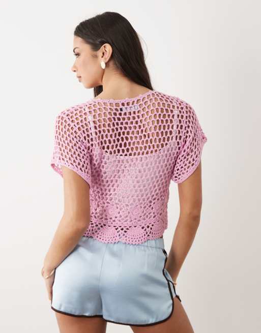 Kiwi & Co handknit dainty crochet tie front top in pink, 4 of 4