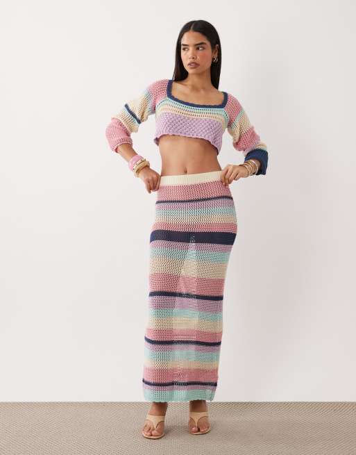 Kiwi & Co - Havana - Coordinato all'uncinetto multicolore con crop top con scollo quadrato e gonna