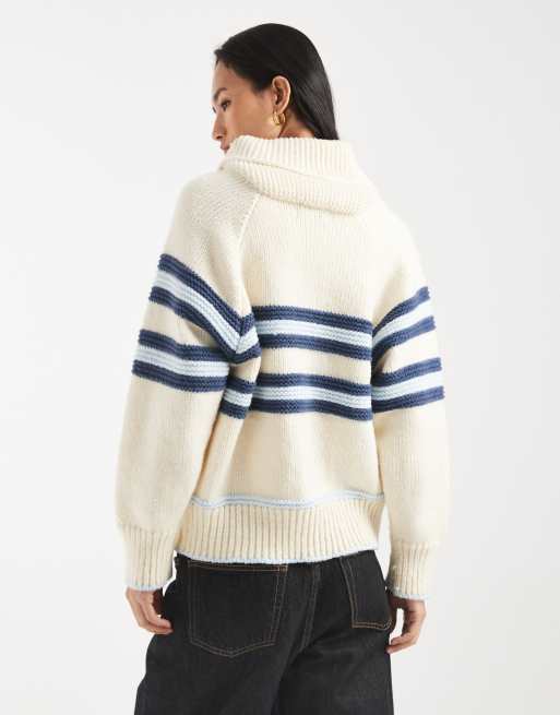 Kiwi & Co hooded detail zip through stripe front cardigan in cream & blue, 2 of 4