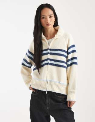 Kiwi & Co Hooded Detail Zip Through Striped Front Cardigan In White