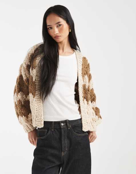 Kiwi & Co Hugs & Kisses hand knit balloon sleeve cardigan in mocha & brown bubble stripes - view 1