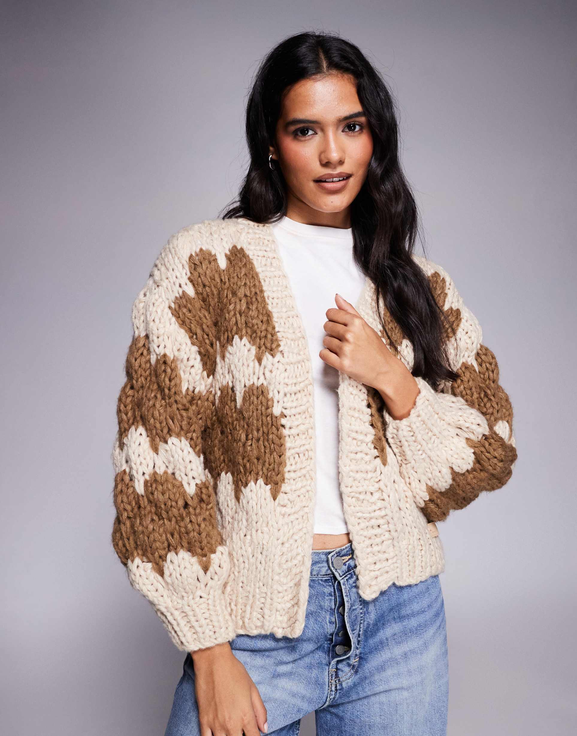 kiwi & co hugs & kisses hand knit balloon sleeve cardigan in mocha & brown bubble stripes