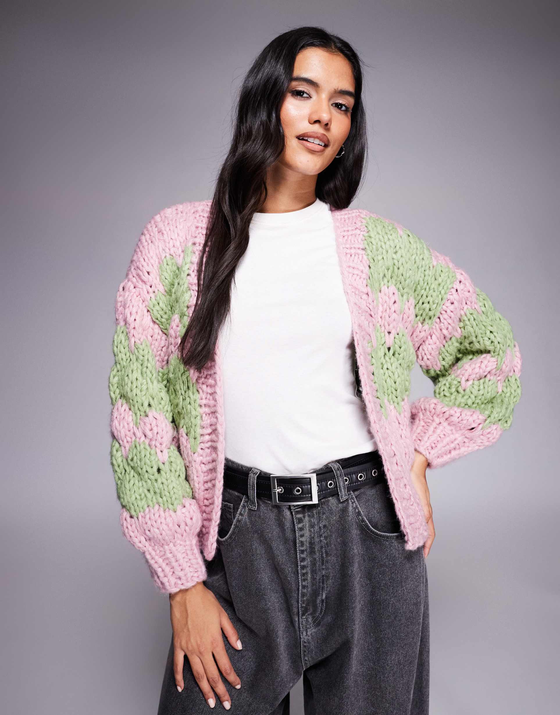 kiwi & co hugs & kisses hand knit balloon sleeve cardigan in pink & lime bubble stripes