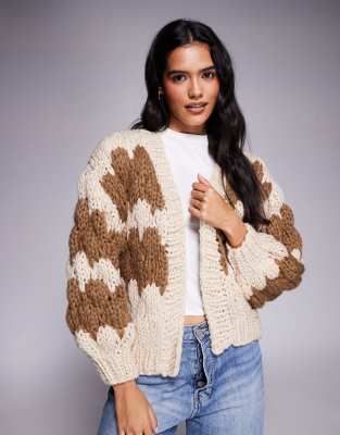 Kiwi & Co Kiwi & Co Hugs & Kisses hand knitted bubble knit balloon sleeve cardigan in mocha & brown stripe