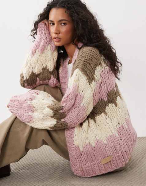 Kiwi & Co Hugs & Kisses hand knitted bubble knit cardigan in baby pink and brown - view 1