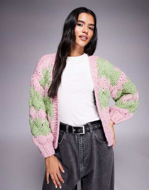 Kiwi & Co - Hugs & Kisses - Lyserød/limegrøn cardigan i boblestrik