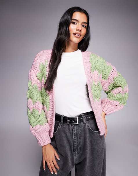 Kiwi & Co - Hugs & Kisses - Pink/limegrøn håndstrikket cardigan med ballonærmer i boblestrik - view 1