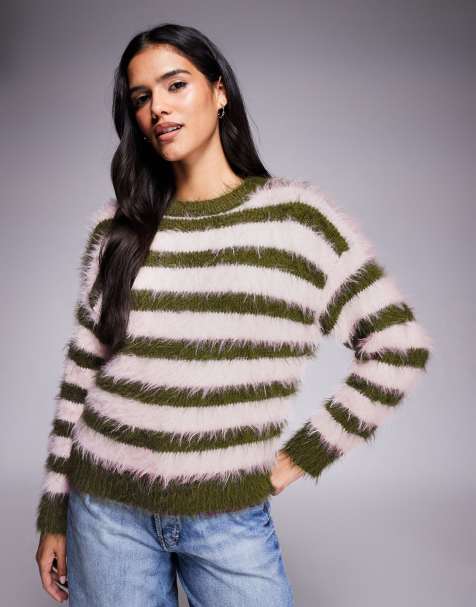 Kiwi & Co Kiss fluffy soft knit jumper in olive & pink stripe - view 1