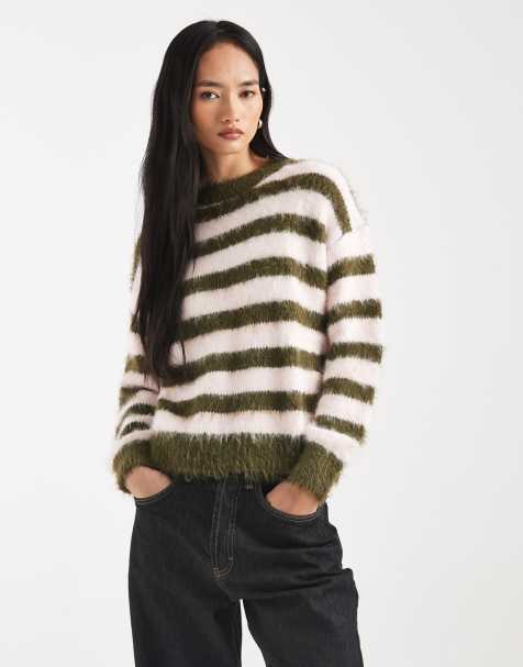 Kiwi & Co Kiss fluffy soft knit jumper in olive & pink stripe