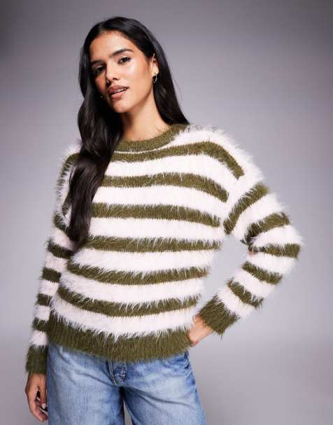 Kiwi & Co Kiss fluffy soft knit jumper in olive & pink stripe - view 1
