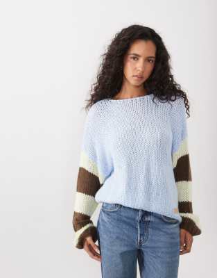 Kiwi & Co Kiss & Tell Wool Feel Hand Knitted Contrast Stripe Sleeve Relaxed Sweater In Multi