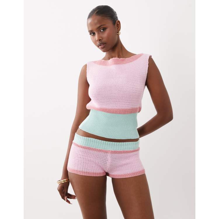 Kiwi & Co knit color block micro shorts in pink & turquoise - part