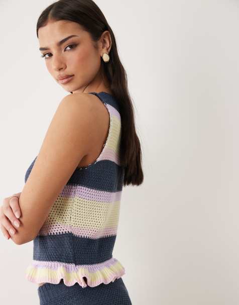 Kiwi & Co knit high neck frill hem smock top in navy & yellow stripes - part of a set - view 1