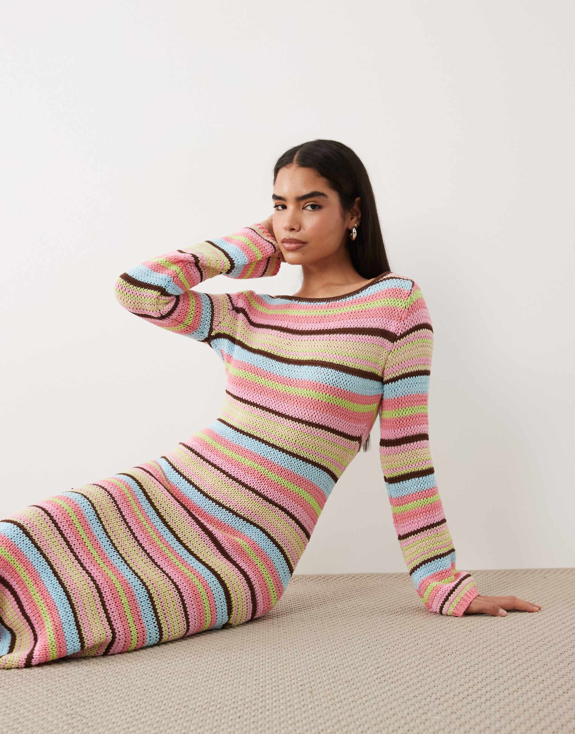 kiwi & co knit open back flare sleeve beach coverup maxi dress in multi stripe