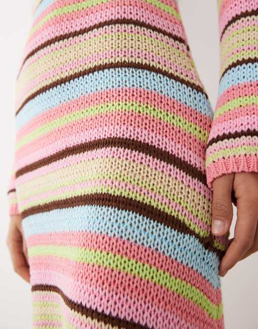 Kiwi & Co knit open back flare sleeve beach coverup maxi dress in multi stripe, 3 of 5